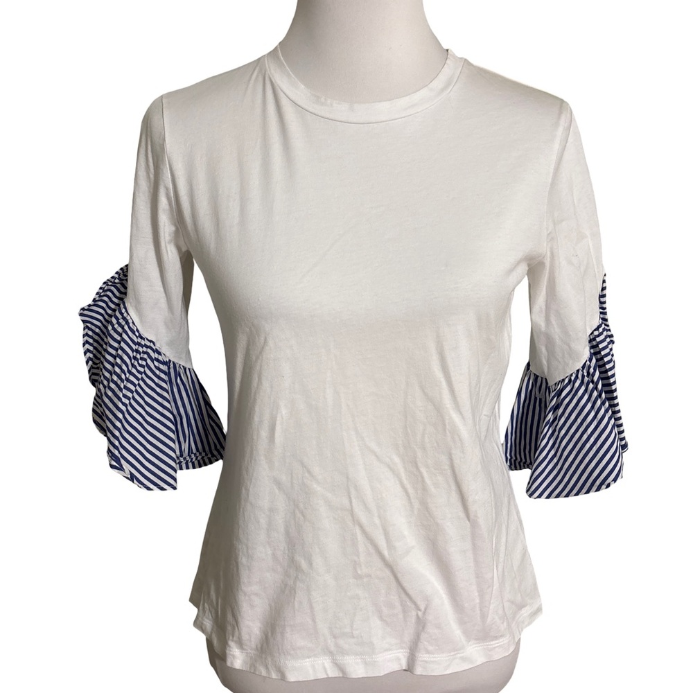 Banana Republic White Blouse Navy Stripe Sleeves